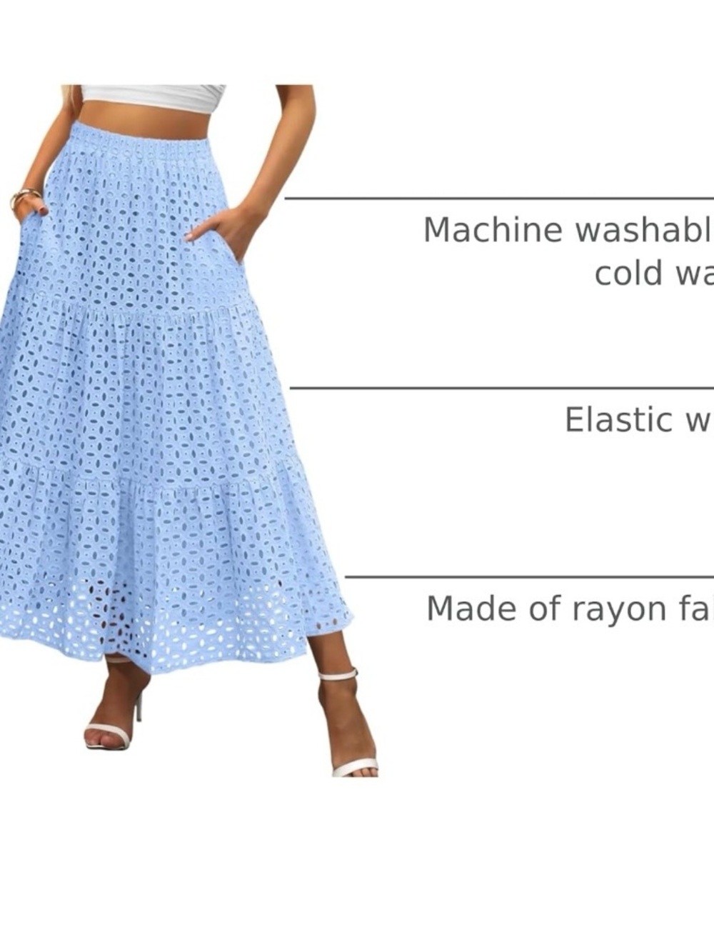 Rayon Maxi Skirt High Waist Tiered Eyelet A-Line Beach Vacation - Picture 3 of 7